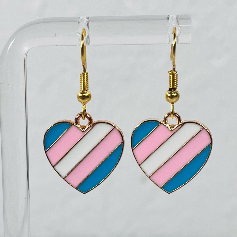 4/$20 Heart-Shaped Pink, Blue, and White Striped Earrings